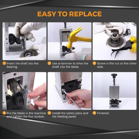 Installation steps for Replacement Wire Stripper Vane Wing For High Sharpness Cable Cutting Machine, showing tool usage and assembly.