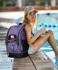 Woman by pool with 35L Waterproof Swim Backpack With Separate Shoes Compartment, Gym And Beach Ready Swim Bag For Men And Women.