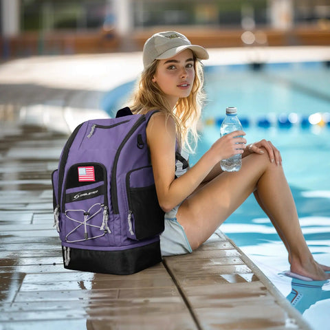 Woman by pool with 35L Waterproof Swim Backpack With Separate Shoes Compartment, Gym And Beach Ready Swim Bag For Men And Women.