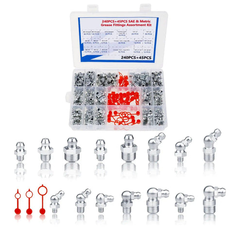 Grease Nipple Fittings Kit With Lubrication Connectors And Locking Caps displayed with open storage box and fittings