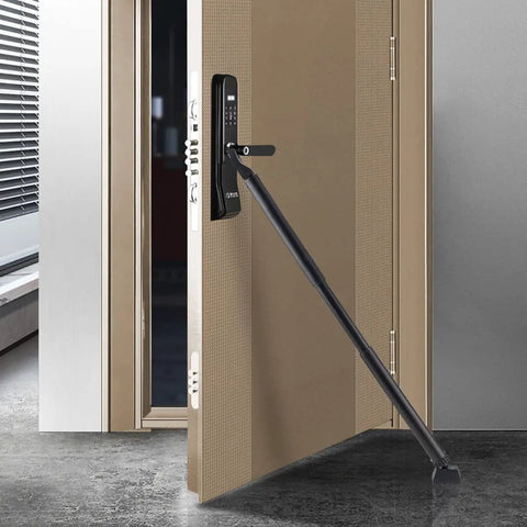 Two Pack 2 In 1 Door Security Bar And Sliding Patio Door Stopper Jammer for Child Proof Safety in use on hinged door