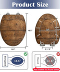 Elongated Overhead view brown wooden table Toilet Seat with dimensions 17.3x18.5 inches, showing compatibility for elongated toilets.