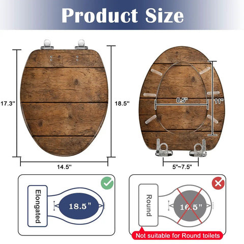 Elongated Overhead view brown wooden table Toilet Seat with dimensions 17.3x18.5 inches, showing compatibility for elongated toilets.