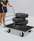 Beefy Heavy Duty Steel Platform Cart With 2200 Lbs Capacity Foldable Flat Dolly For Warehouse Garage And Workshop Use With Four Wheels And Two Brakes Featuring Rust Resistant Steel Frame And Durable Coating, loaded with tires