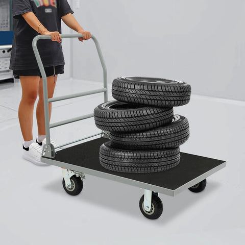Beefy Heavy Duty Steel Platform Cart With 2200 Lbs Capacity Foldable Flat Dolly For Warehouse Garage And Workshop Use With Four Wheels And Two Brakes Featuring Rust Resistant Steel Frame And Durable Coating, loaded with tires