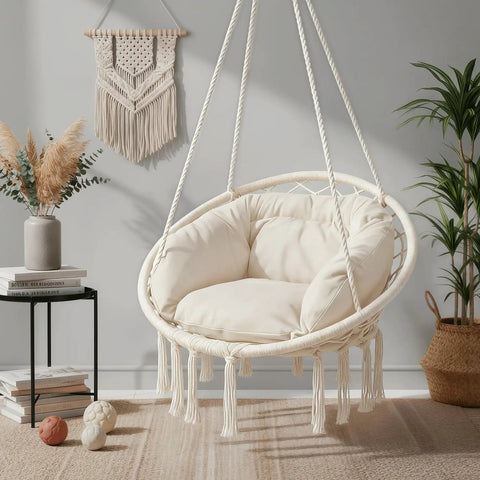 Hanging Hammock Chair Macrame Swing Chair With Cushion For Adults Teens Outdoor Porch Bedroom Backyard 350 Lb Capacity Tools Included Beige Boho