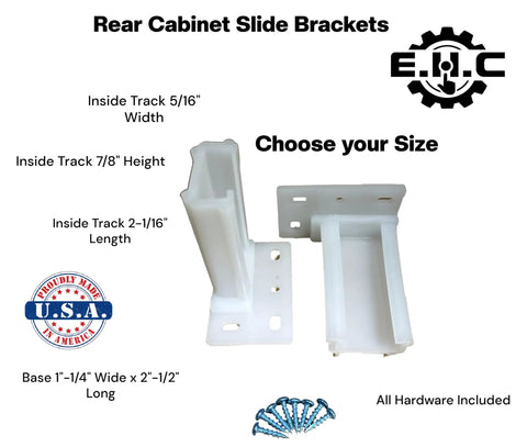 No Sweat Professional Grade Heavy Duty Drawer Slide Tracks For Framed Cabinets With Complete Mounting Hardware Included Quick Fix Replacement Brackets Sold In Pairs, white plastic brackets with dimensions labeled.