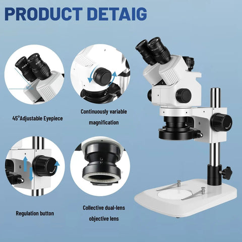 Professional Trinocular Stereo Zoom Microscope With 56 LED Ring Light For Close Up Work 6X To 45X Magnification, WF10X Eyepieces, 0.6X To 4.5X Zoom Objective, 0.5X CTV Trinocular HD Adapter, Camera Ready on stand