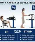 Woman using 32 Inch Standing Desk Converter With Dual Monitor Setup, showing sit-stand positions, ergonomic workstation in black