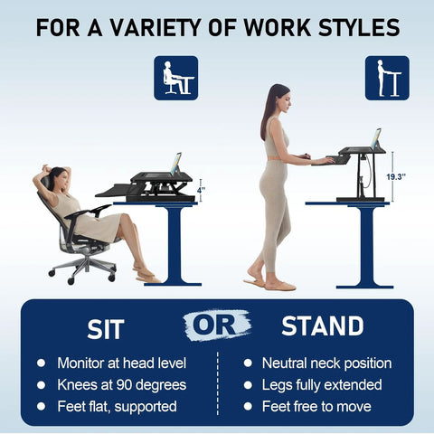 Woman using 32 Inch Standing Desk Converter With Dual Monitor Setup, showing sit-stand positions, ergonomic workstation in black