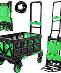 Grab-And-Go 2-In-1 Folding Hand Truck With Collapsible Crate Converts From 2-Wheel To 4-Wheel, 400 Lb Heavy-Duty Dolly Cart, Lightweight 15.9 Lb, 3-Position Adjustable Handle, And 59 Inch Bungee Cord With Hooks For Easy Hauls, shown folded and open