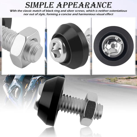 Close-up of 4Pcs Motorcycle License Plate Screw Kit with black rings and silver bolts for secure fastening.