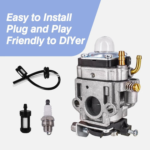 Plug And Play Carb Kit For 43cc 47cc 49cc And 50cc 2 Stroke Scooters with 15mm side opening and 30mm bolt holes displayed with components