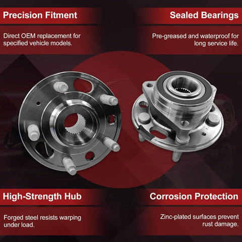 2 Pack Front And Rear Wheel Bearing And Hub Assembly For Buick Lacrosse Regal Chevrolet Equinox Malibu Impala Cadillac XTS CTS GMC Terrain 5 Lug With ABS Drop In Ready Plug And Play Upgrade, stainless steel hub assemblies with sealed bearings.
