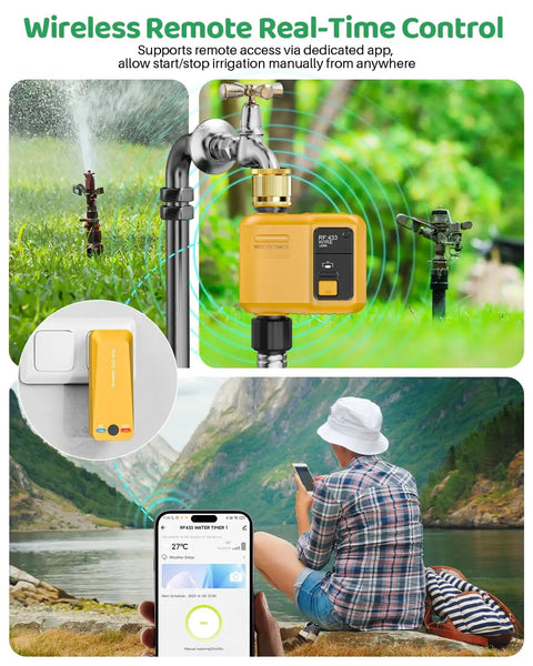 Smart Water Timer 1 Zone Garden Hose with WiFi Remote App and Voice Control for Lawn Irrigation, showing app interface on phone.