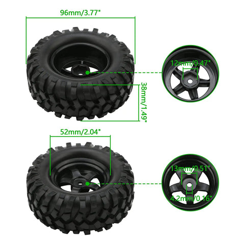 4x 1:10 RC Off Road Wheel Tires Set With 5 Spoke Rim 12mm Hex Drive 96mm Outer Diameter 38mm Width Fits 1/10 And 1/12 Rock Crawlers Trailers Buggies And Low Chassis RC Rigs
