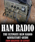 Vintage ham radio setup on wooden floor with microphone, featuring 'Ham Radio Quickstart Guide From Beginner to Pro' book cover