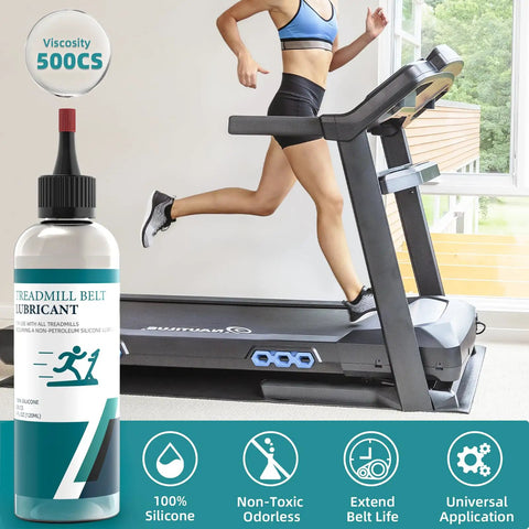 Pro Grade Silicone Treadmill Belt Lubricant With Application Tubes And Precision Twist Cap High Temperature Resistant Formula That Slashes Friction And Wear Extends Treadmill Life 500 Count 4.2 Ounce bottle next to treadmill