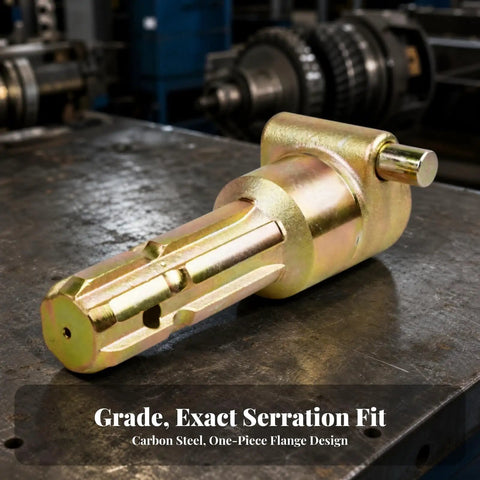 Heavy Duty Tractor PTO Adapter With Push Pin Locking Mechanism And Premium Splined Shaft For Farm Equipment Power Takeoff Hookup and Hardworking Driveline Setup on workbench.