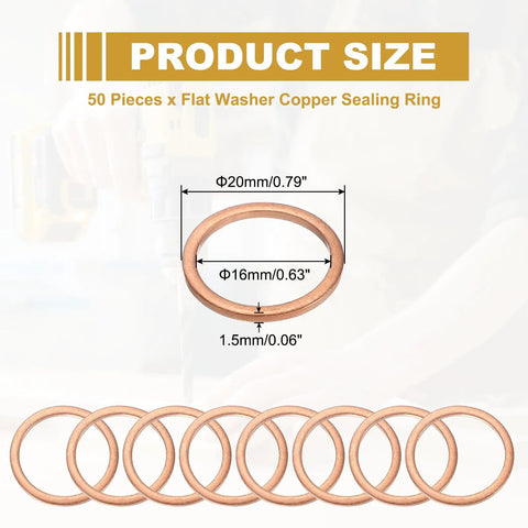 Heavy Duty Copper Crush Washers 50 Pack M16 16Mm ID 20Mm OD Thick Sealing Rings For Oil Drain Plugs Engine Bolts close-up showing sizes.