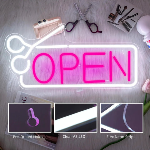 Pink Hair Salon Neon Light Open Sign LED Barbershop Sign USB Powered Colorful Light Up For Beauty Room Salon Store Cafe Club Hotel