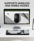 Compact 96 Percent Wireless Mechanical Keyboard Hot Swap Switches dual 2.4Ghz Bluetooth setup with mouse and phone on desk.
