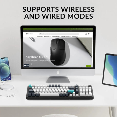 Compact 96 Percent Wireless Mechanical Keyboard Hot Swap Switches dual 2.4Ghz Bluetooth setup with mouse and phone on desk.
