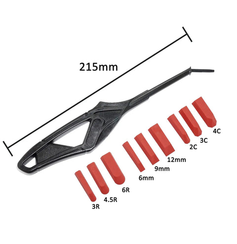 Ten Piece Caulking Tool Kit With Silicone Finishing Tools For Tight Areas Rotatable Handle And Nine Replacement Pads Layout