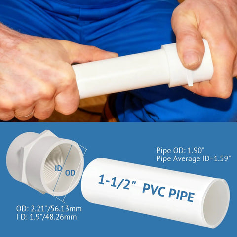 Pack of 2 White 1-1/2 Inch PVC Female Thread Adapters being used, focus on 2-Way Pipe Coupling Connectors Schedule 40.