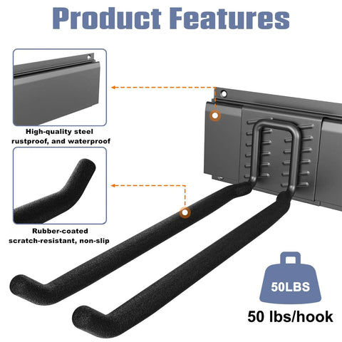 Wall Mounted Garden Tool Organizer For Garage Heavy Duty Tool Rack with 11 Inch Hooks, steel and rubber-coated features