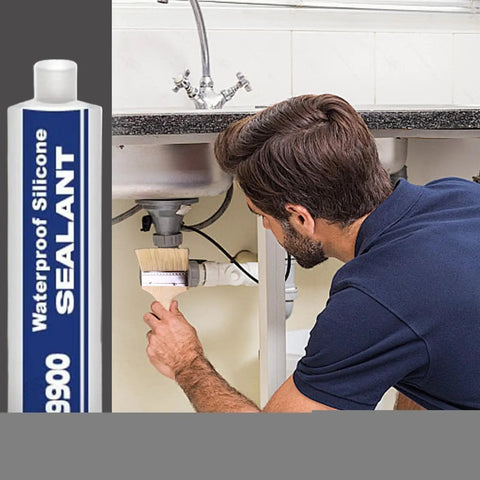 Heavy Duty Waterproof Bonding Sealant And Glue Offers Drip Free Application With Quick Cure Speed For Reliable All Season Joint Sealing That Locks Down Tight While Withstanding Brutal Temperature Swings Without Breaking a Sweat, being applied under a sink.