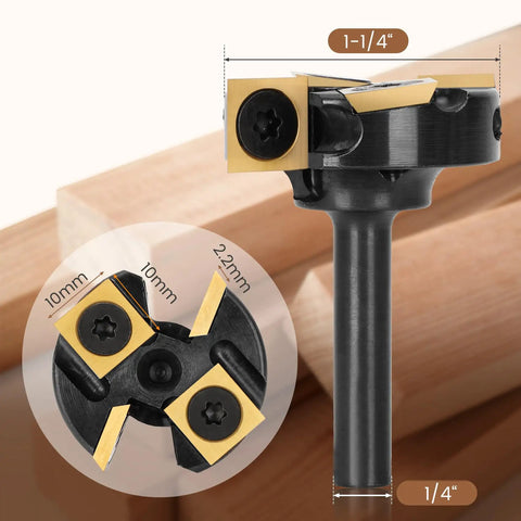 Heavy Duty Carbide Insert Surfacing Router Bit With One Quarter Inch Shank And One And One Quarter Inch Cutting Diameter Four Wing Anti Vibration Design TiAlN Coated Replaceable Blades For Heat Resistance Pro Grade Woodworking Planing Bit shown with measurements.
