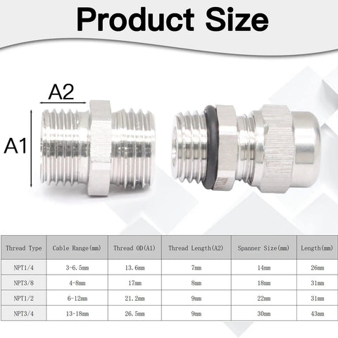 Product size chart for Two Pack NPT Three Eighths Inch Waterproof Stainless Steel Cable Glands with measurements
