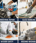 Level Five Cut Resistant Kitchen Gloves With HPPE Food Grade Durability used in industrial repair, glass handling, kitchen safety, washing