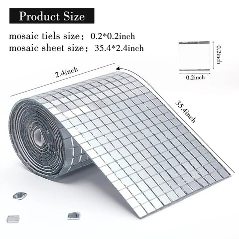 Self Adhesive Mirror Mosaic Tiles 2400 Pcs 10x10mm Disco Ball Tiles roll with measurements for DIY crafts indoor decor.