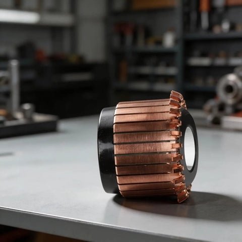 Beefy 28P Copper Hook Type Electric Commutator on a workshop table, showing 28P teeth, OD 37.5 mm, ID 15 mm, height 25.5 mm