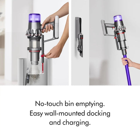 V11 Extra Cordless Vacuum Cleaner With Up To 60 Minutes Run Time showing bin emptying and wall-mounted docking, Nickel Purple.