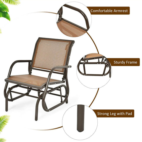 Cozy Brown Swing Glider Chair With Sturdy Metal Frame For Patio Garden Porch And Poolside Relaxation showcasing armrest and frame details