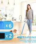 Woman cleaning with vacuum in bright kitchen next to VRC5 cloth filter bags and foam filters for Vacmaster VRC51 easy install kit.