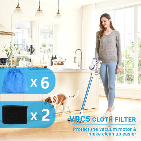 Woman cleaning with vacuum in bright kitchen next to VRC5 cloth filter bags and foam filters for Vacmaster VRC51 easy install kit.