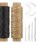 Two Roll Waxed Thread Sewing Kit With Seven Hand Needles For Diy Home Upholstery, Carpet, Canvas, Bags And Sofa Repair, Heavy Duty Darning Set In Black And Khaki For Quick Fixes image of waxed threads and needles.