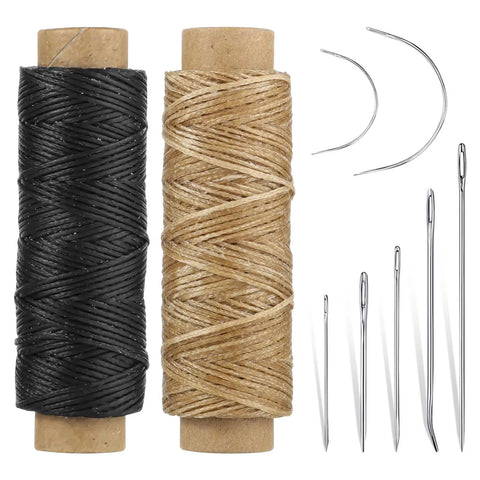 Two Roll Waxed Thread Sewing Kit With Seven Hand Needles For Diy Home Upholstery, Carpet, Canvas, Bags And Sofa Repair, Heavy Duty Darning Set In Black And Khaki For Quick Fixes image of waxed threads and needles.