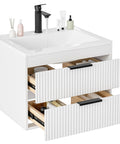 No Fuss 24 Inch Wall Mount Bathroom Vanity With Durable Resin Sink And Deep Twin Drawers, Smooth White MDF Floating Cabinet featuring open drawers.