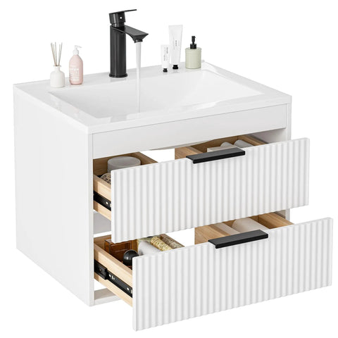 No Fuss 24 Inch Wall Mount Bathroom Vanity With Durable Resin Sink And Deep Twin Drawers, Smooth White MDF Floating Cabinet featuring open drawers.