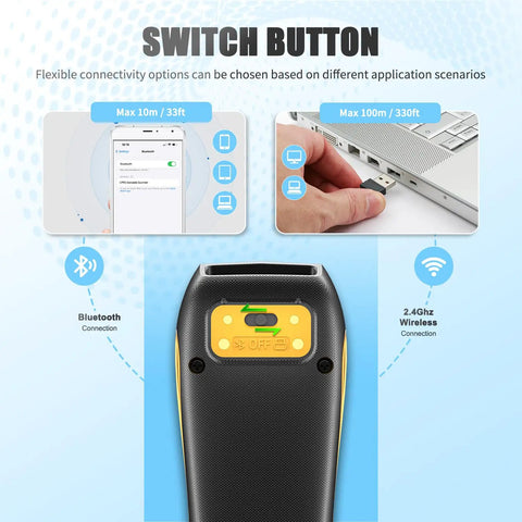 Upgraded Wireless QR Code Scanner For Inventory Management A Pocket Size Bluetooth And Two Point Four G Wireless Barcode Reader For 1D And 2D Scanning On Tablets Android iOS PC And POS Systems showing connectivity options and USB dongle