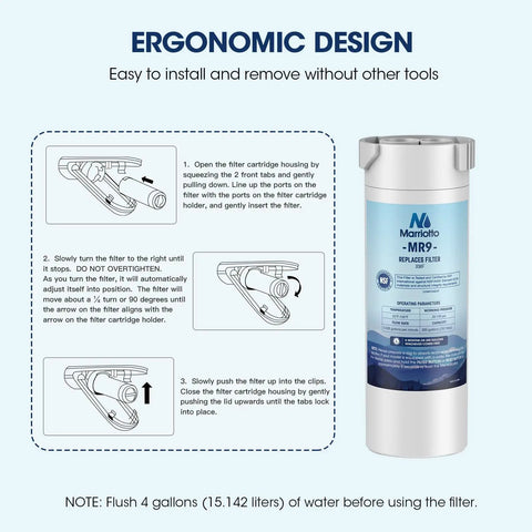 XWF Refrigerator Water Filter Replacement MR-XWF Model with install instructions and ergonomic design details.