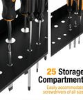 Wall Mount Hand Tool Organizer Rack For Workshop And Garage, 25 compartments holding various screwdrivers, close-up view.