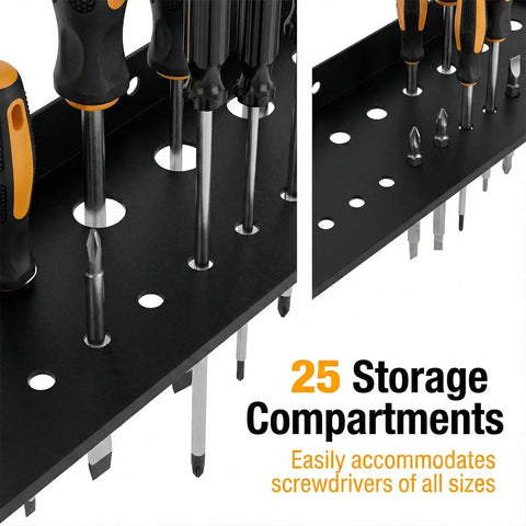 Wall Mount Hand Tool Organizer Rack For Workshop And Garage, 25 compartments holding various screwdrivers, close-up view.