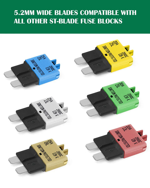 Manual Resettable Blade Fuse Kit 28VDC ATC ATO Fuses for Cars Boats 5A 10A 15A 20A 25A 30A ABYC with color-coded fuses