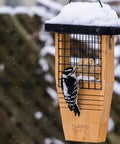 Tail Prop Suet Bird Feeder With Rust Free Mesh And Hanging Cable Built For Large Woodpeckers Like Pileated Backyard Friendly Brown Feeder With Durable Construction 12 Inch High 7.875 Inch Long 3 Inch Wide, shown with a woodpecker feeding on suet, outdoor winter setting.